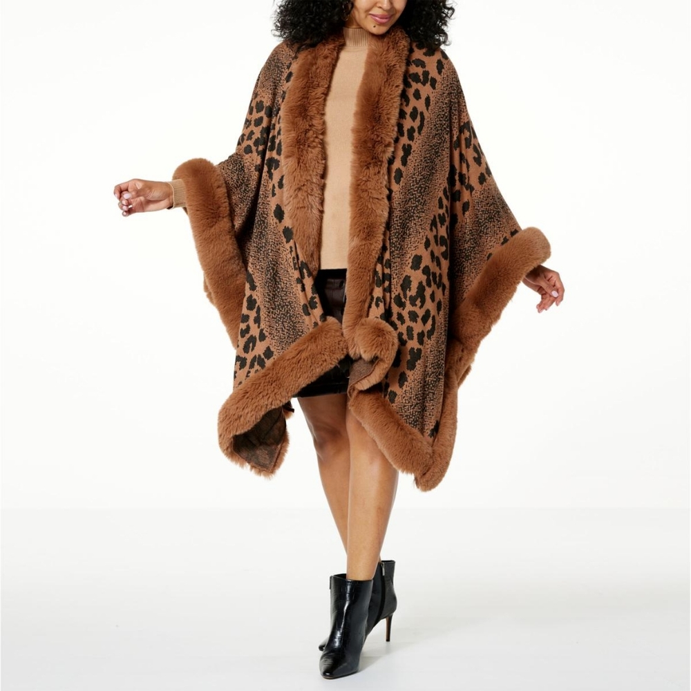 Winter wrap Kathy irland Luxurious Animal Print Faux Fur Trim Cape Coat browns